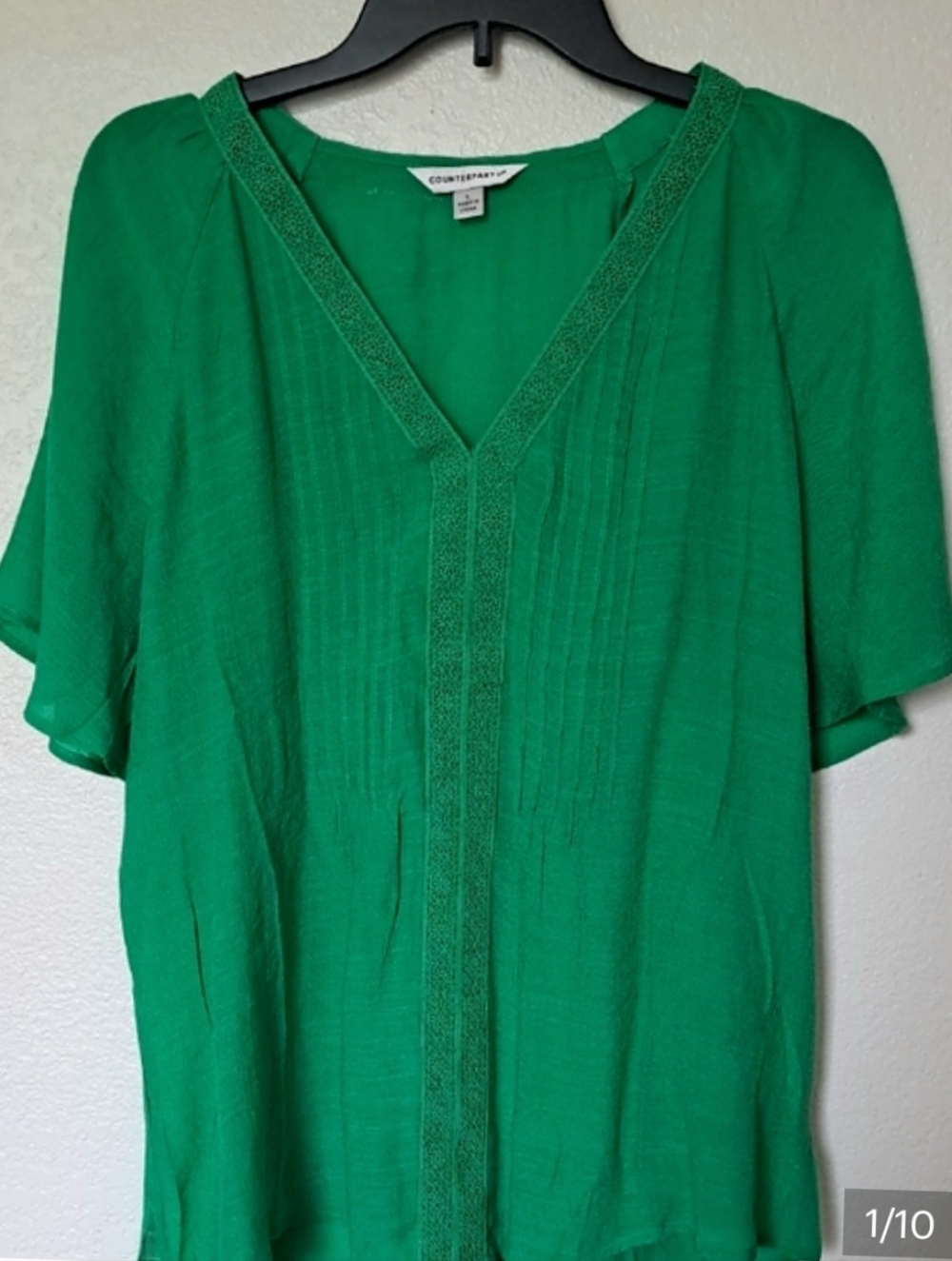 Counterparts Emerald Green V-Neck Pintuck Blouse Short Sleeve Top Rayon